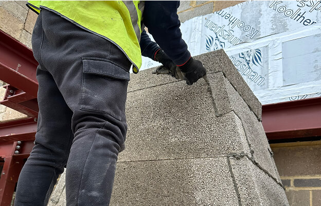 Stonemason installing limestone block